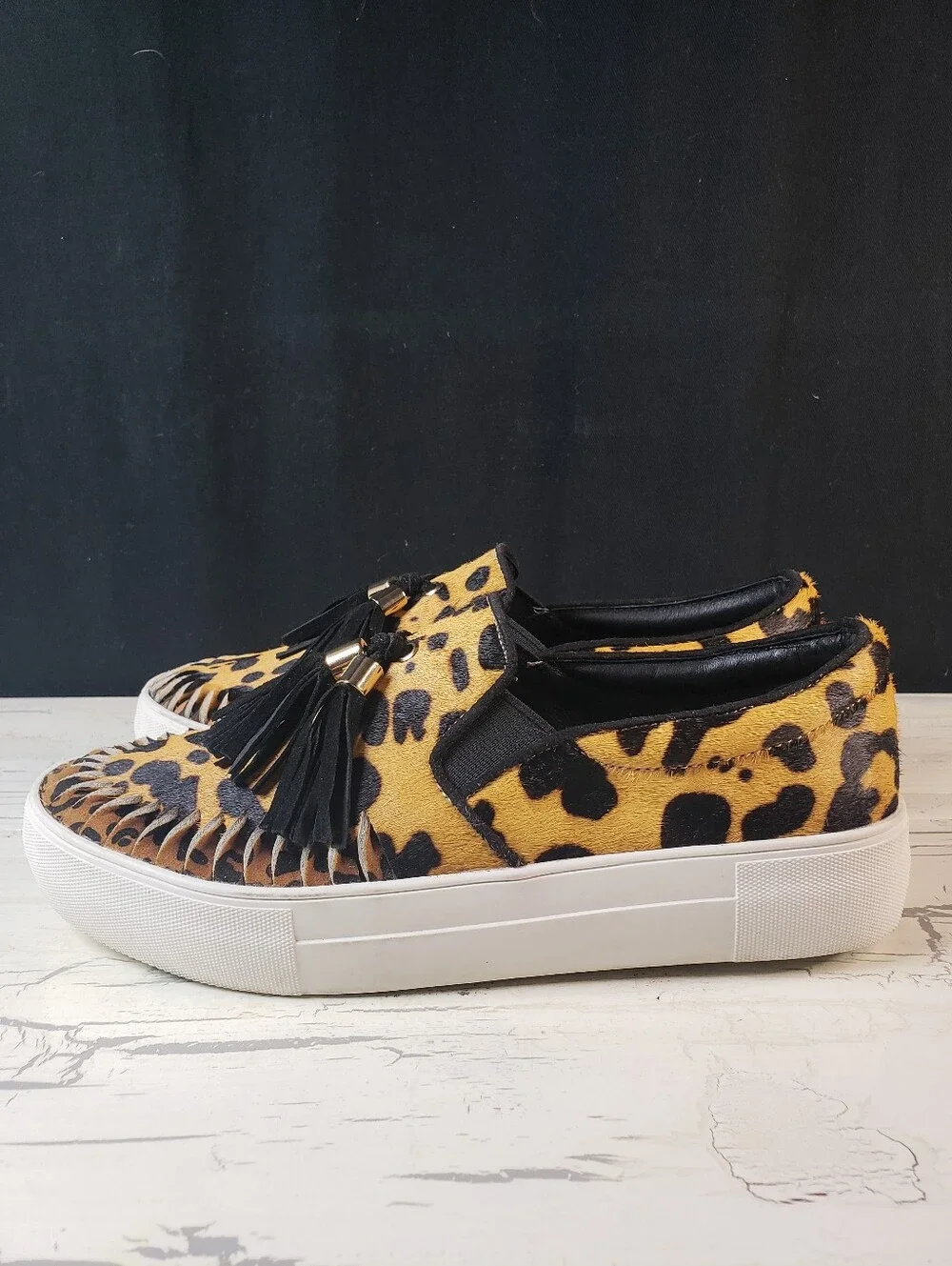 J/Slides NYC Aztec Leopard Print Calf Hair Slip-On Platform Sneakers - size 7.5